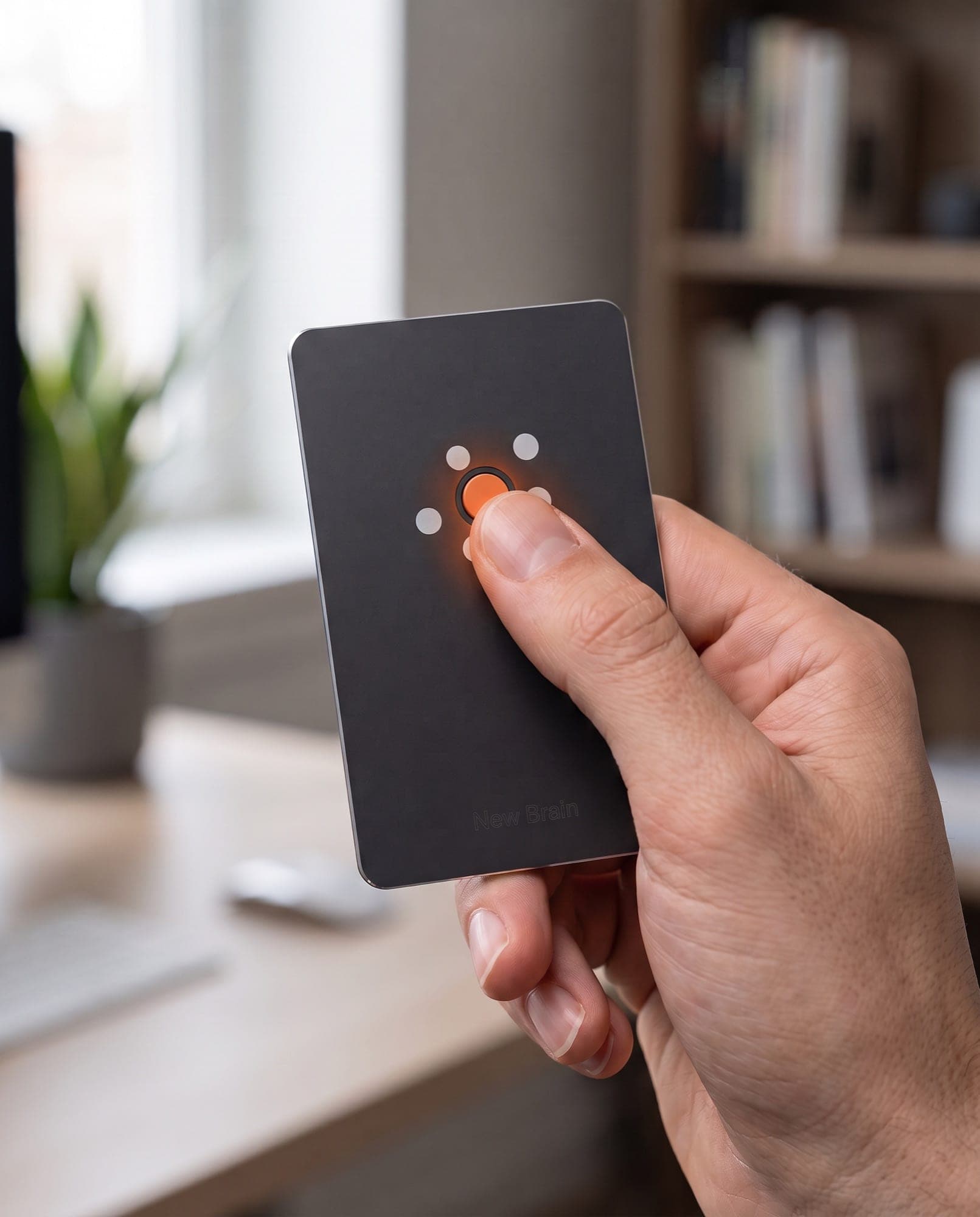 A thumb pressing the orange core of New Brain Card, its light on.