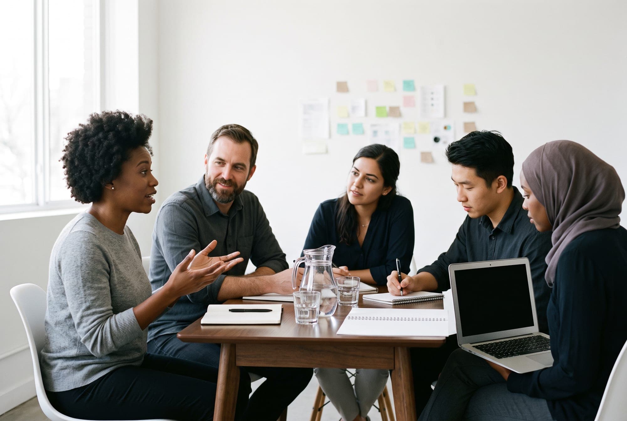A small team around a meeting table, mid-conversation