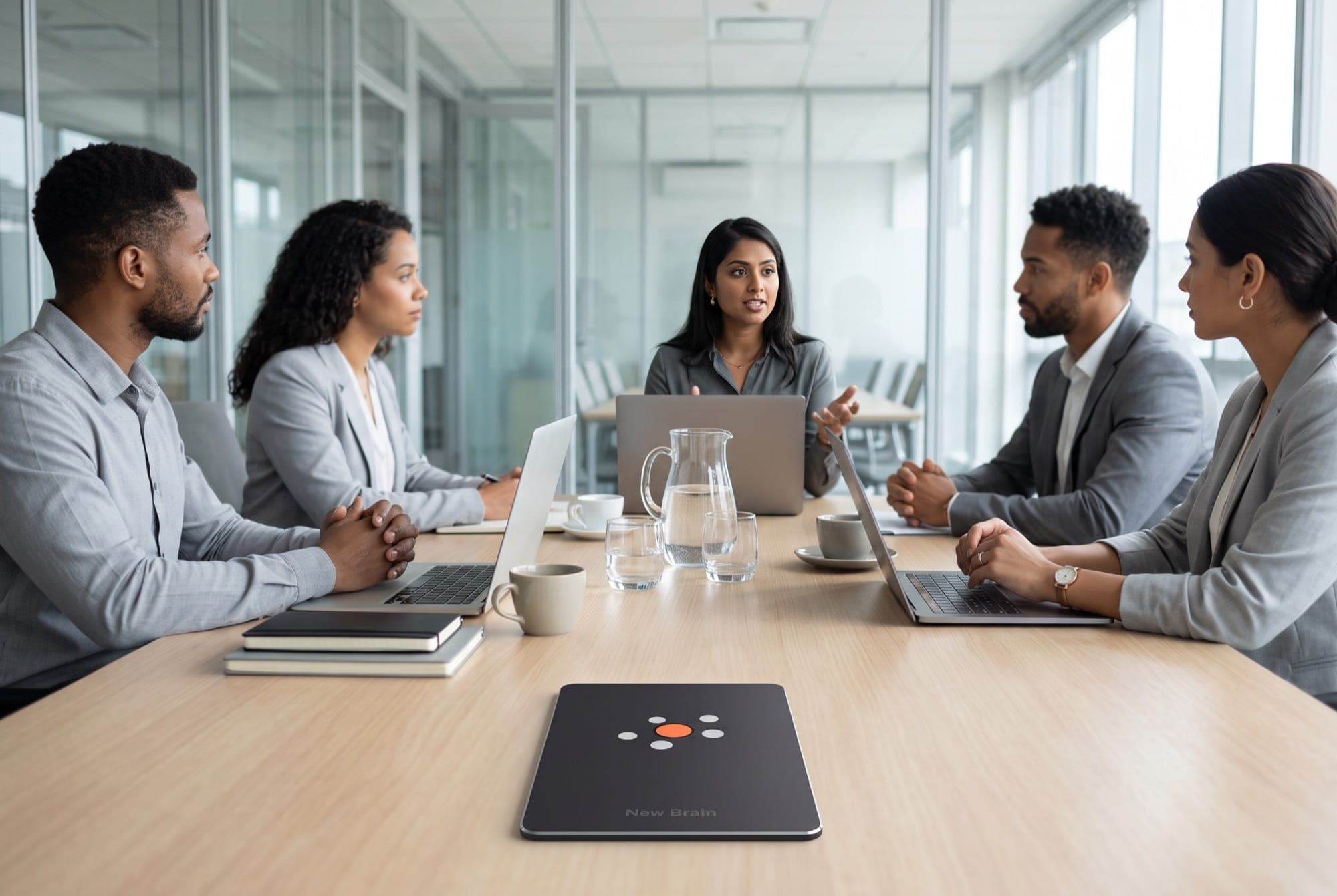 A quarterly review around a boardroom table with New Brain Card on the table