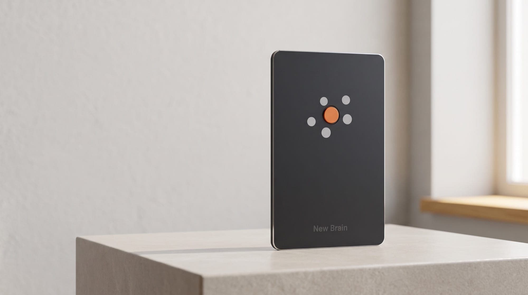 New Brain Card standing on a pale stone block in daylight