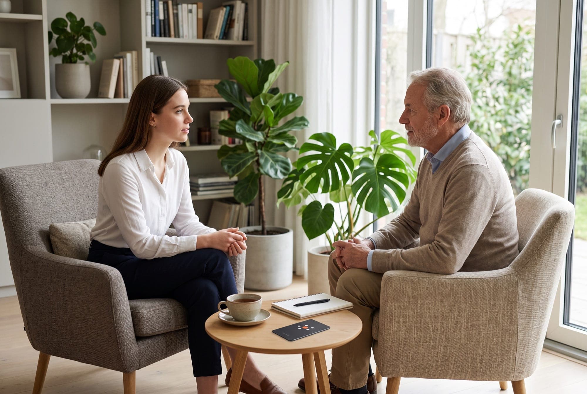 A customer interview across a small table with New Brain Card between them