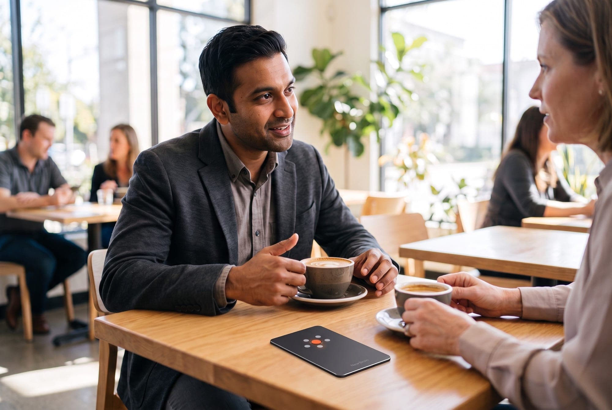 Two people talking over coffee with New Brain Card beside a notebook