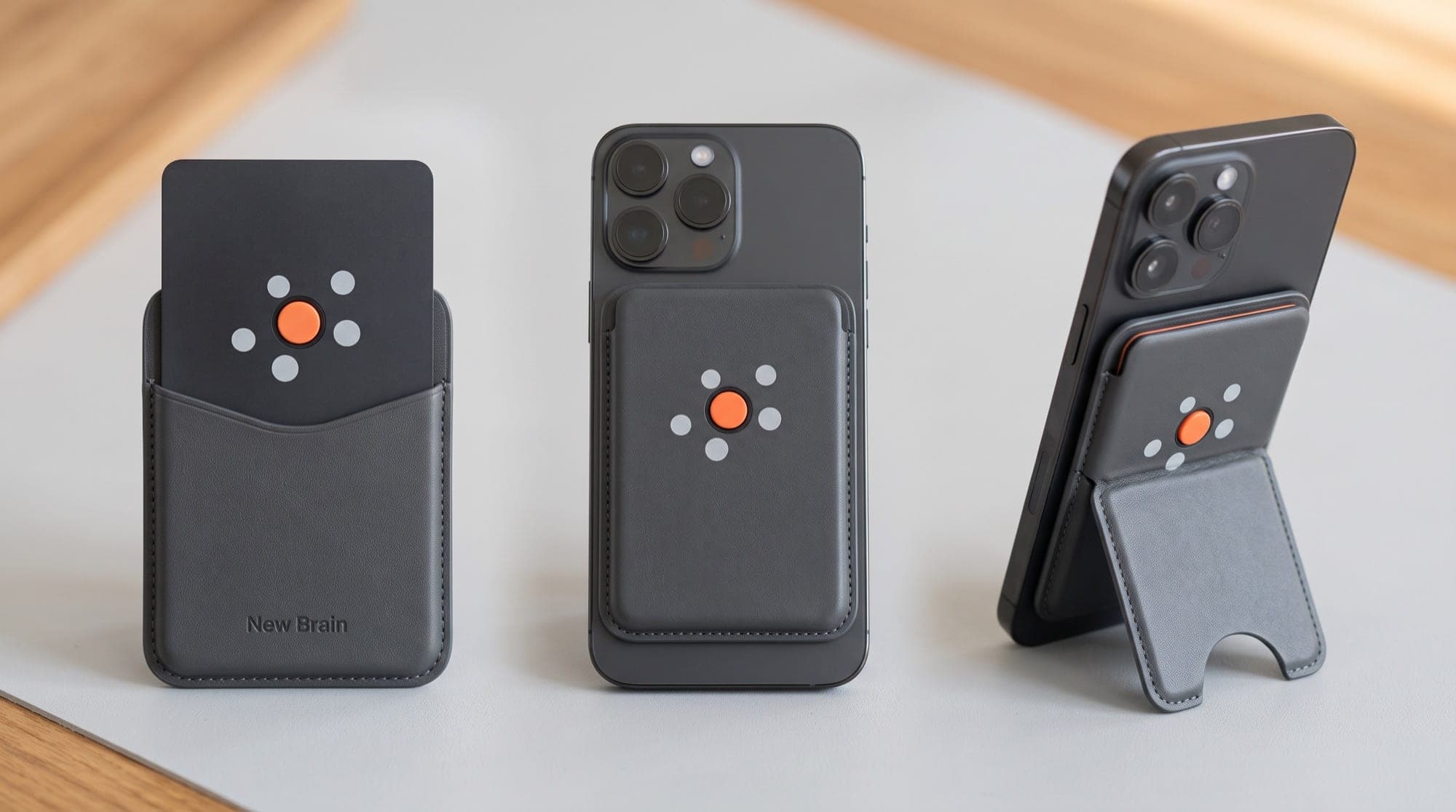 The magnetic wallet three ways: holding cards, on the back of a phone, and folded out as a stand